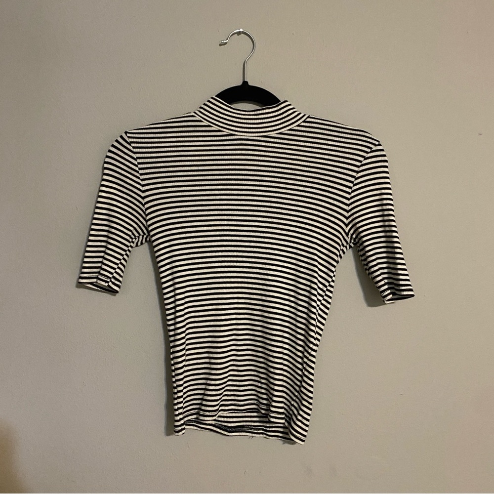 One Clothing Black and White Striped Mock Neck Knit Top